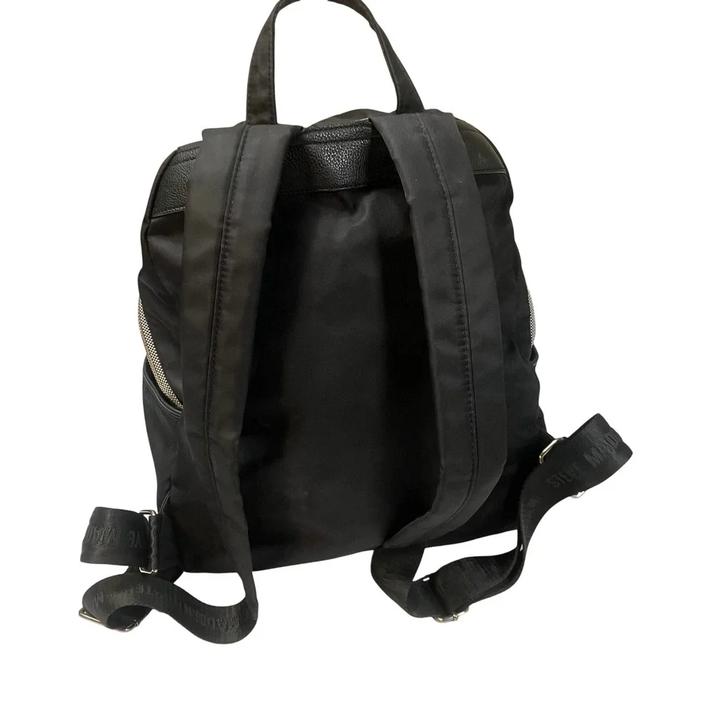 Steve Madden Black Nylon Backpack B-SALLY Logo Straps Silver Hardware Womens EUC
